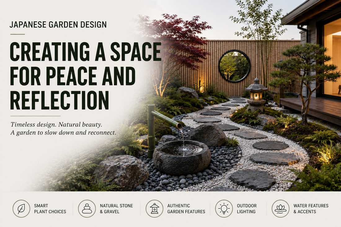 A peaceful Japanese-inspired garden featuring decorative stone, feature plants and natural elements
