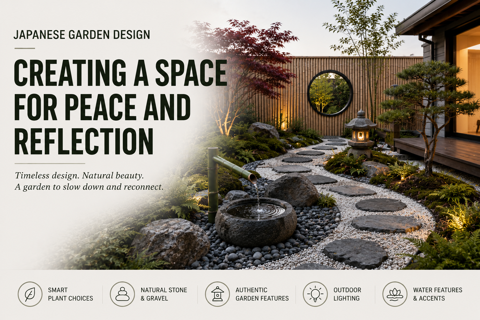 A peaceful Japanese-inspired garden featuring decorative stone, feature plants and natural elements