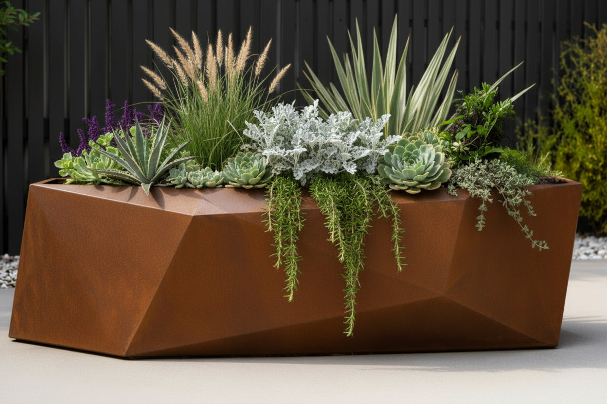 Geometric metal planter with plants against a black background -Leading Landscapes Limited