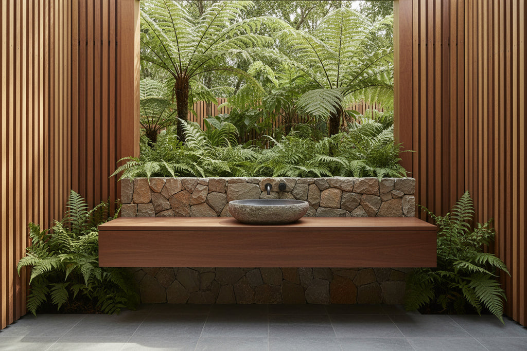 Stoneware sink in outdoor bathroom - Leading Landscapes Limited