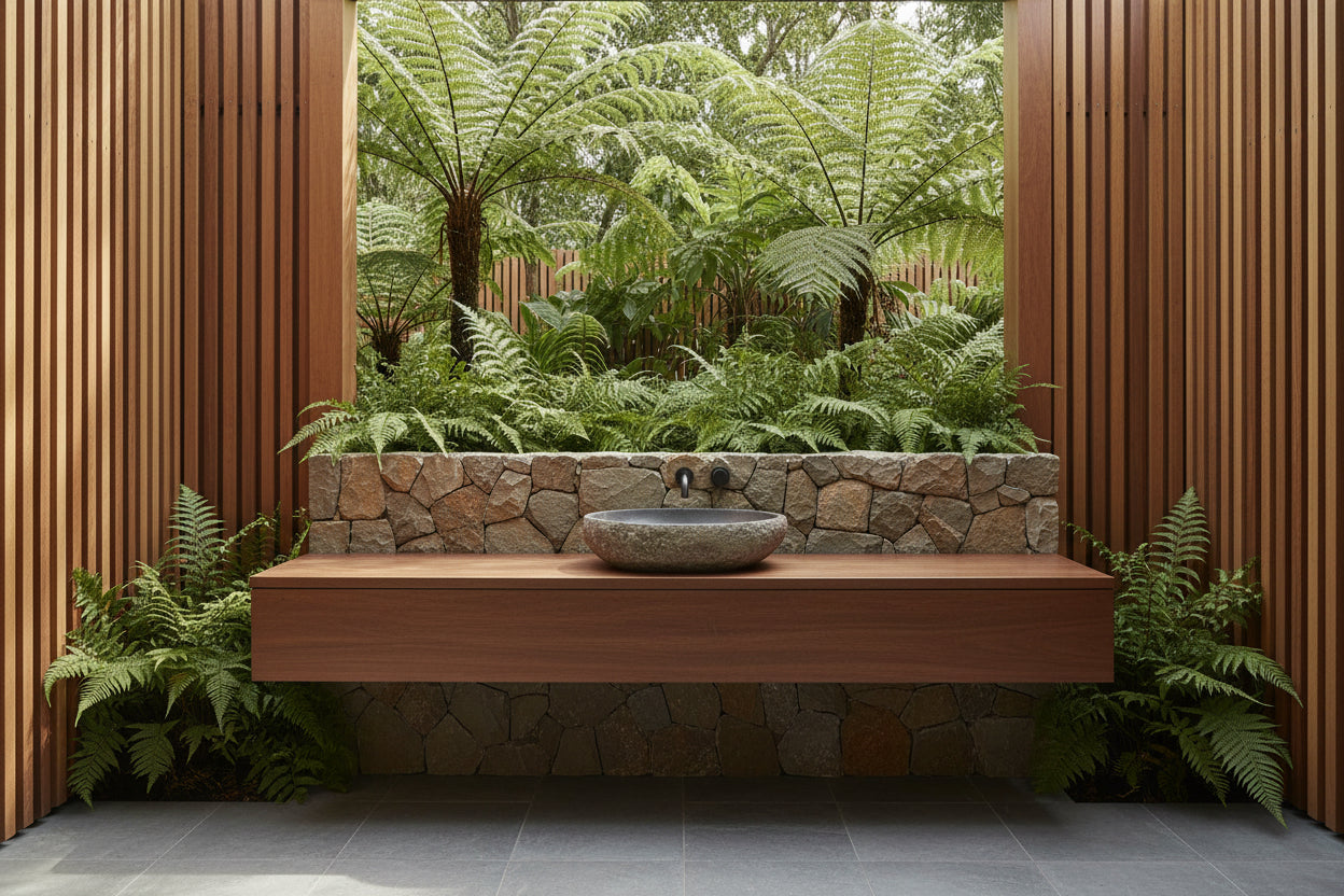 Stoneware sink in outdoor bathroom - Leading Landscapes Limited