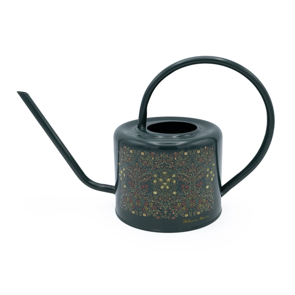Black watering can with floral pattern on a white background