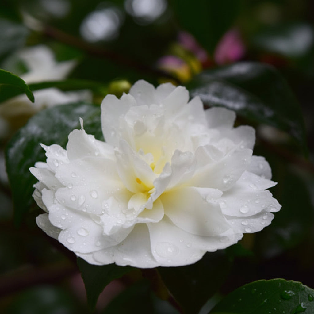 Camellia Sasanqua Mine-no-Yuki with white double flowers — Leading Landscapes Canterbury