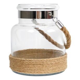 Clear glass jar with a metal lid and jute rope handle - Leading Landscapes Canterbury