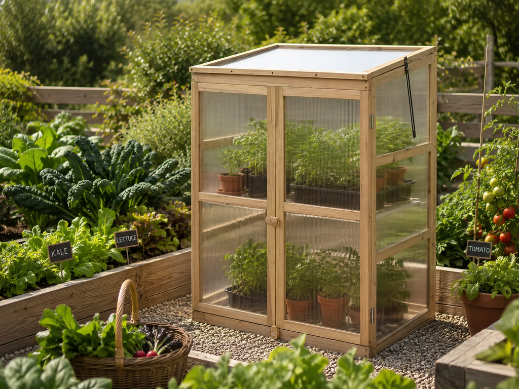 A small wooden greenhouse with clear plastic stands on a gravel path in a garden bed surrounded by leafy vegetables and tomato plants. Leading Landscapes Canterbury