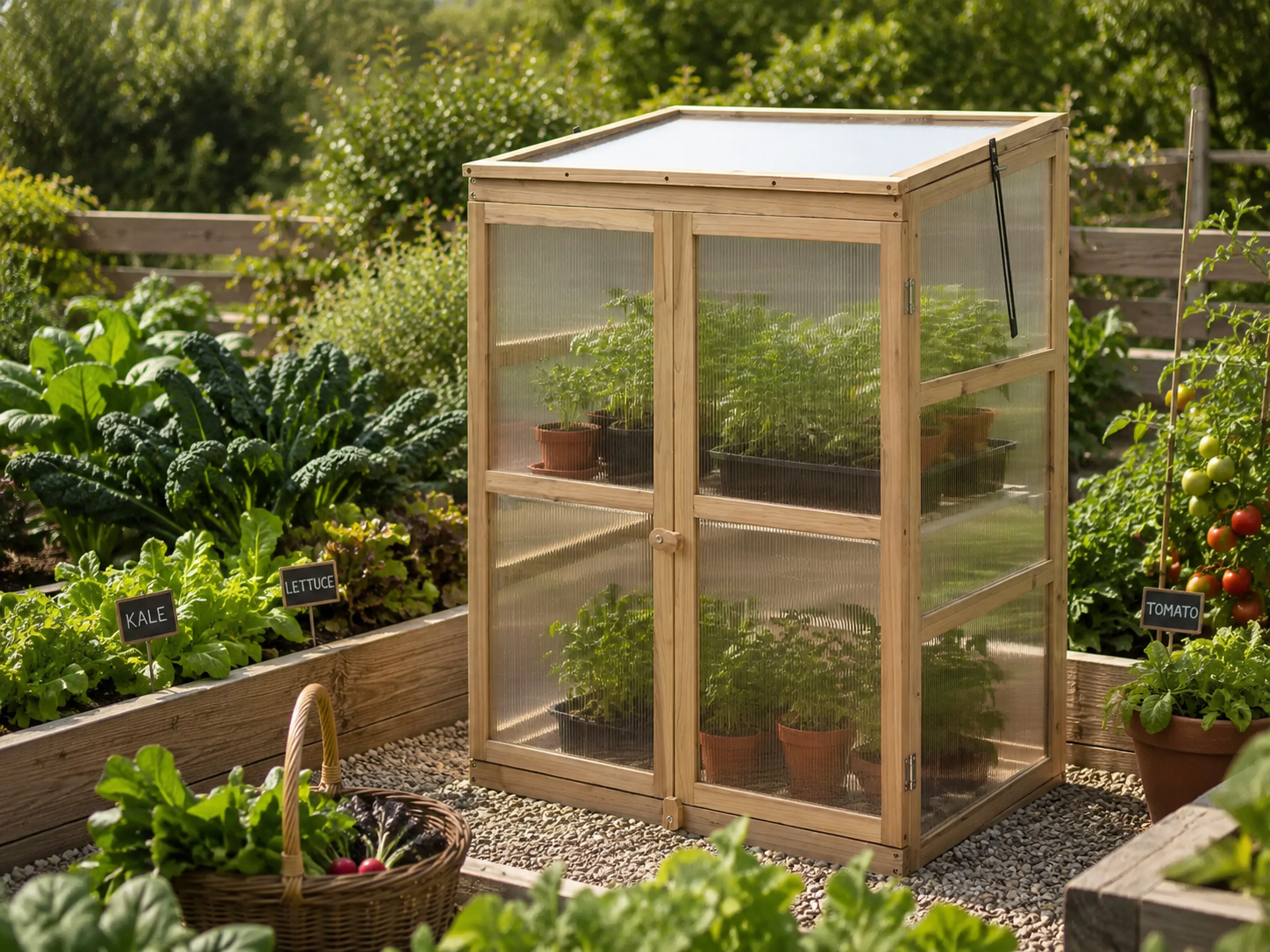 A small wooden greenhouse with clear plastic stands on a gravel path in a garden bed surrounded by leafy vegetables and tomato plants. Leading Landscapes Canterbury