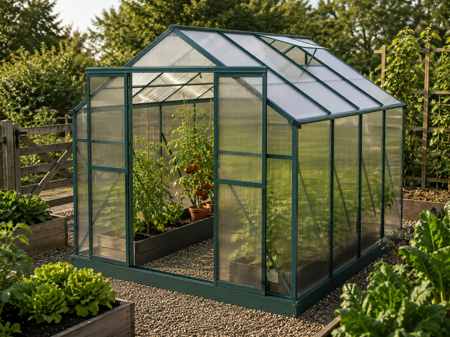 A greenhouse with a dark green frame and translucent panels, situated in a garden with plants, gravel, and wooden fencing in the background. Leading Landscapes Canterbury