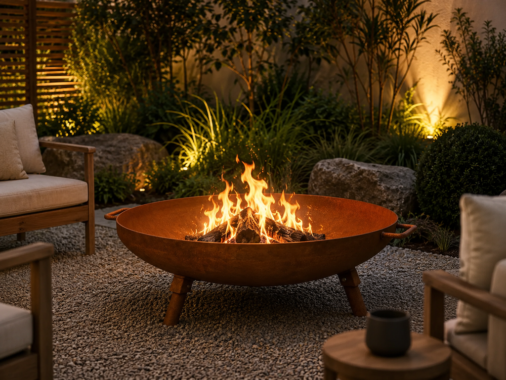 A round metal fire pit bowl with a warm orange-brown finish, containing a bright fire, placed on a gravel patio in a landscaped garden setting with outdoor seating and warm ambient lighting. Leading Landscapes Canterbury