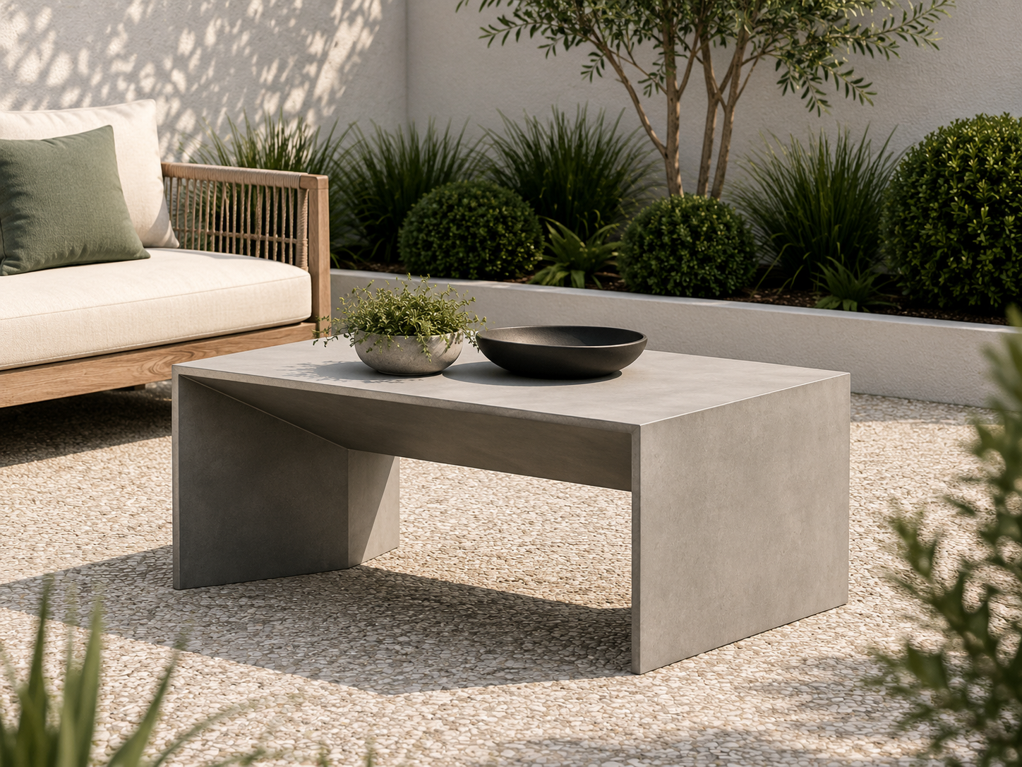 A modern rectangular concrete coffee table in a light gray finish, styled in an outdoor patio setting next to a wooden sofa on a gravel surface. Leading Landscapes Canterbury