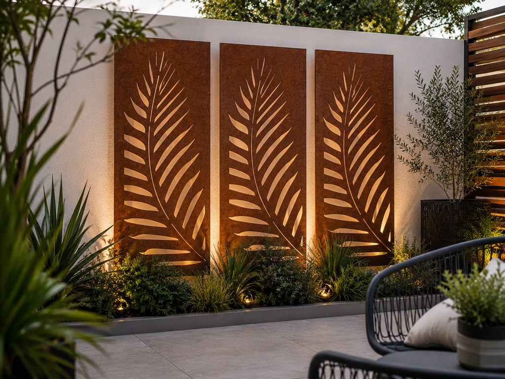 Three vertical rectangular metal wall panels with a leaf cutout pattern, mounted on a white wall in a landscaped outdoor patio setting with plants and warm uplighting. Leading Landscapes Canterbury