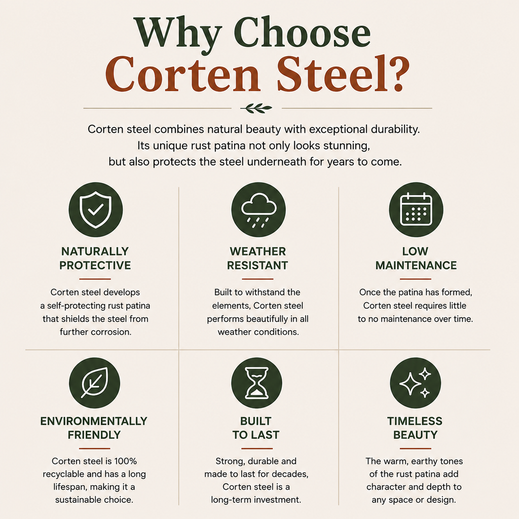 An infographic titled 'Why Choose Corten Steel?' on a light beige background, with dark green and brown text and six icon-based feature panels about rust patina protection, weather resistance, low maintenance, environmental friendliness, longevity, and beauty.