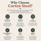 An infographic titled 'Why Choose Corten Steel?' on a light beige background, with dark green and brown text and six icon-based feature panels about rust patina protection, weather resistance, low maintenance, environmental friendliness, longevity, and beauty.