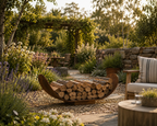 A curved wooden firewood storage bench filled with stacked logs, placed in a landscaped garden patio setting with a stone wall, plants, and part of a cushioned outdoor chair visible. Leading Landscapes Canterbury