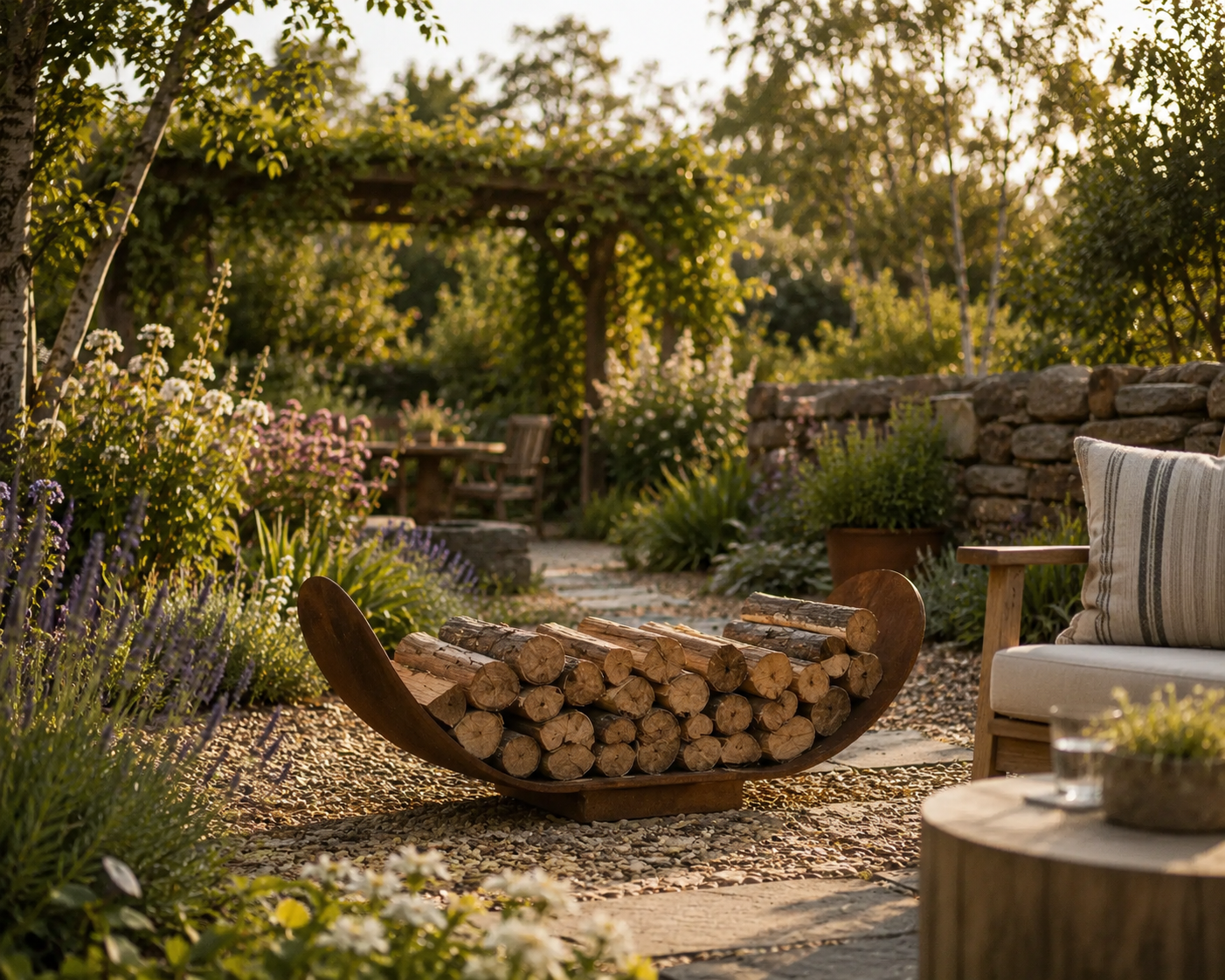 A curved wooden firewood storage bench filled with stacked logs, placed in a landscaped garden patio setting with a stone wall, plants, and part of a cushioned outdoor chair visible. Leading Landscapes Canterbury