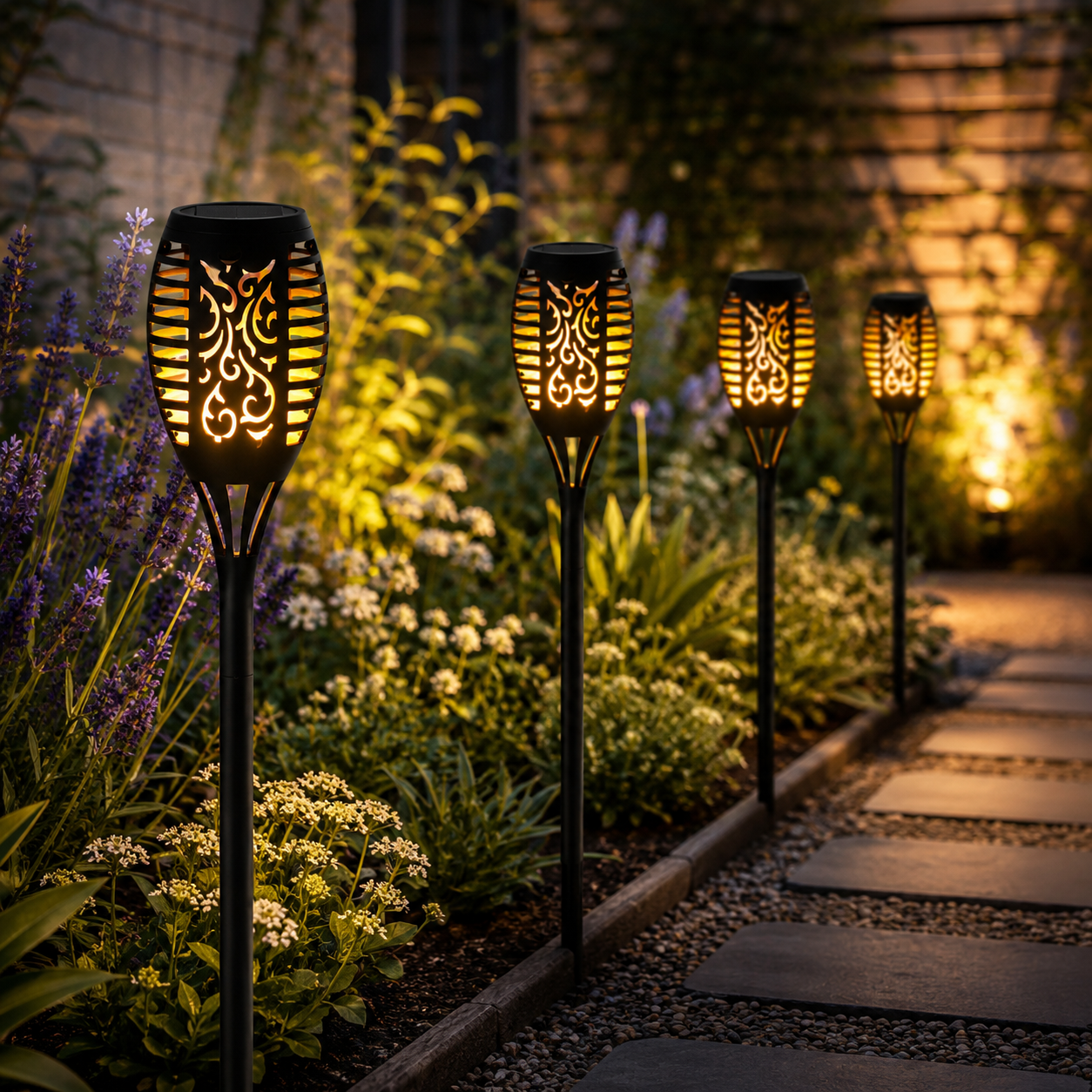 Orbit flame effect solar lights -Glowing solar garden lights along a pathway in a garden setting - Leading Landscapes Canterbury
