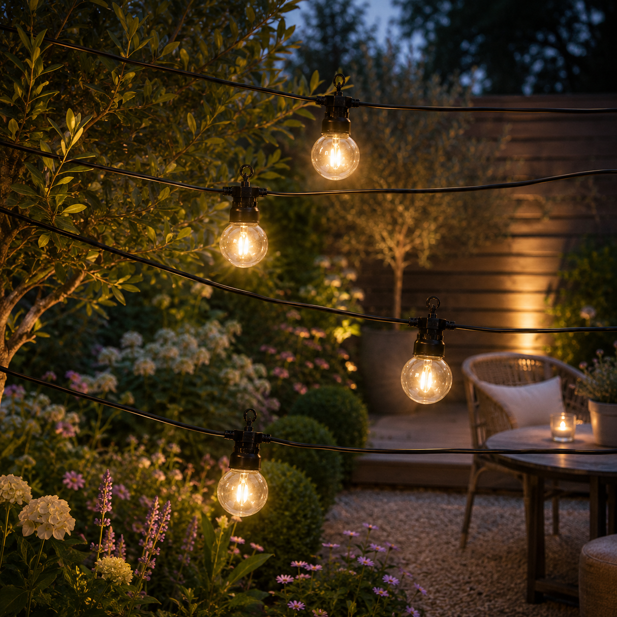 Solar String Garden Lights - String lights hanging above a garden - Leading Landscapes Canterbury