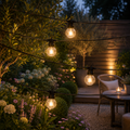 Solar String Garden Lights - String lights hanging above a garden - Leading Landscapes Canterbury