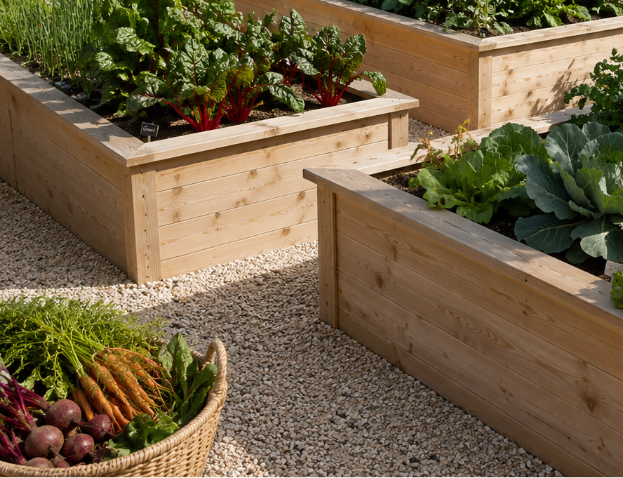 Wooden raised garden beds with various plants and vegetables in a garden setting - Leading Landscapes Limited