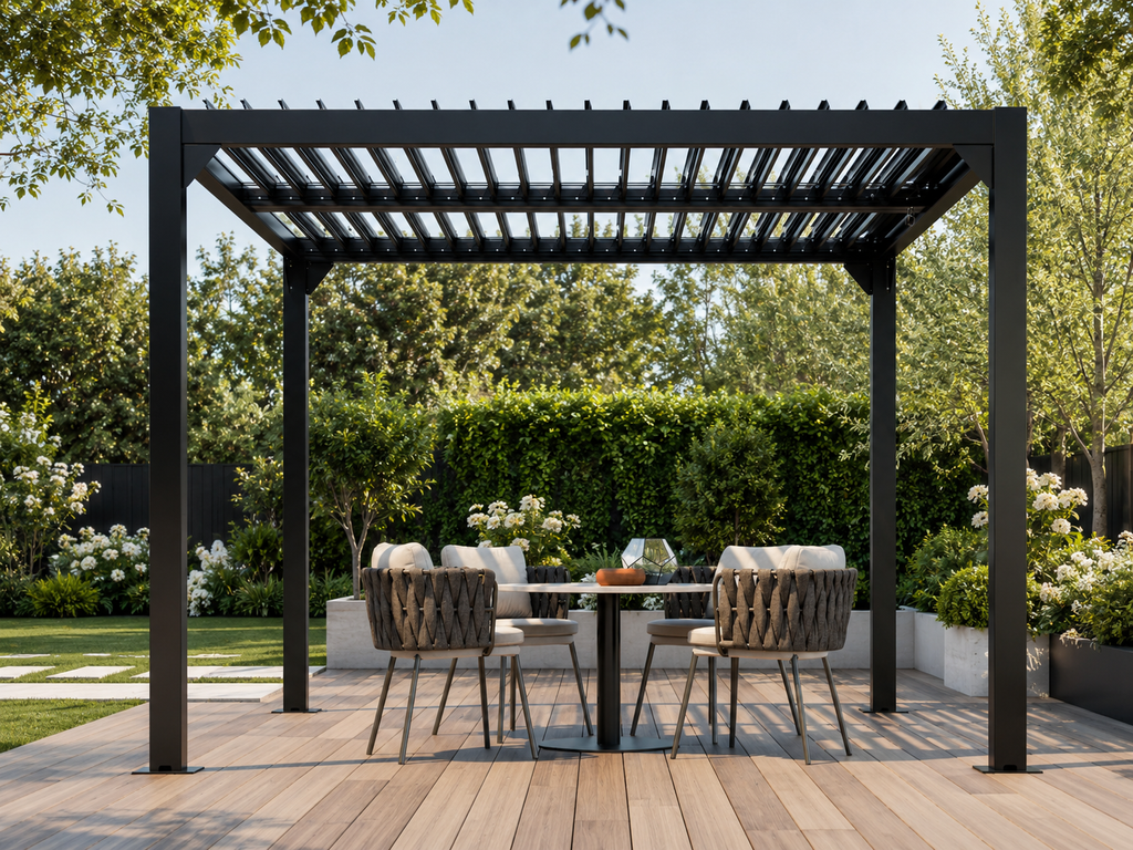 Patio with black pergola, outdoor furniture, and garden setting - Leading Landscapes Canterbury