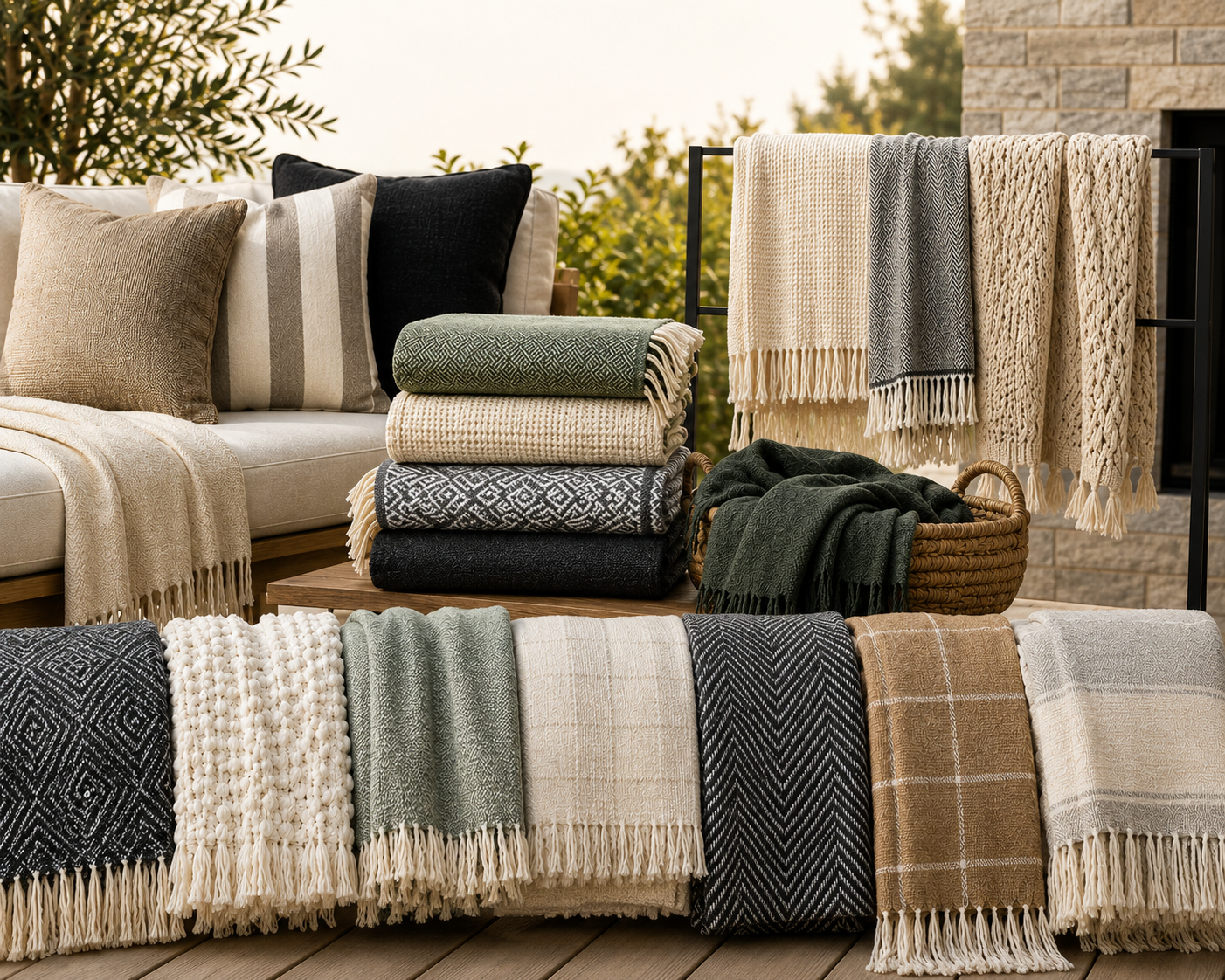 Collection of blankets and Cushions on a sofa and table outdoors - Leading Landscapes CAnterbury