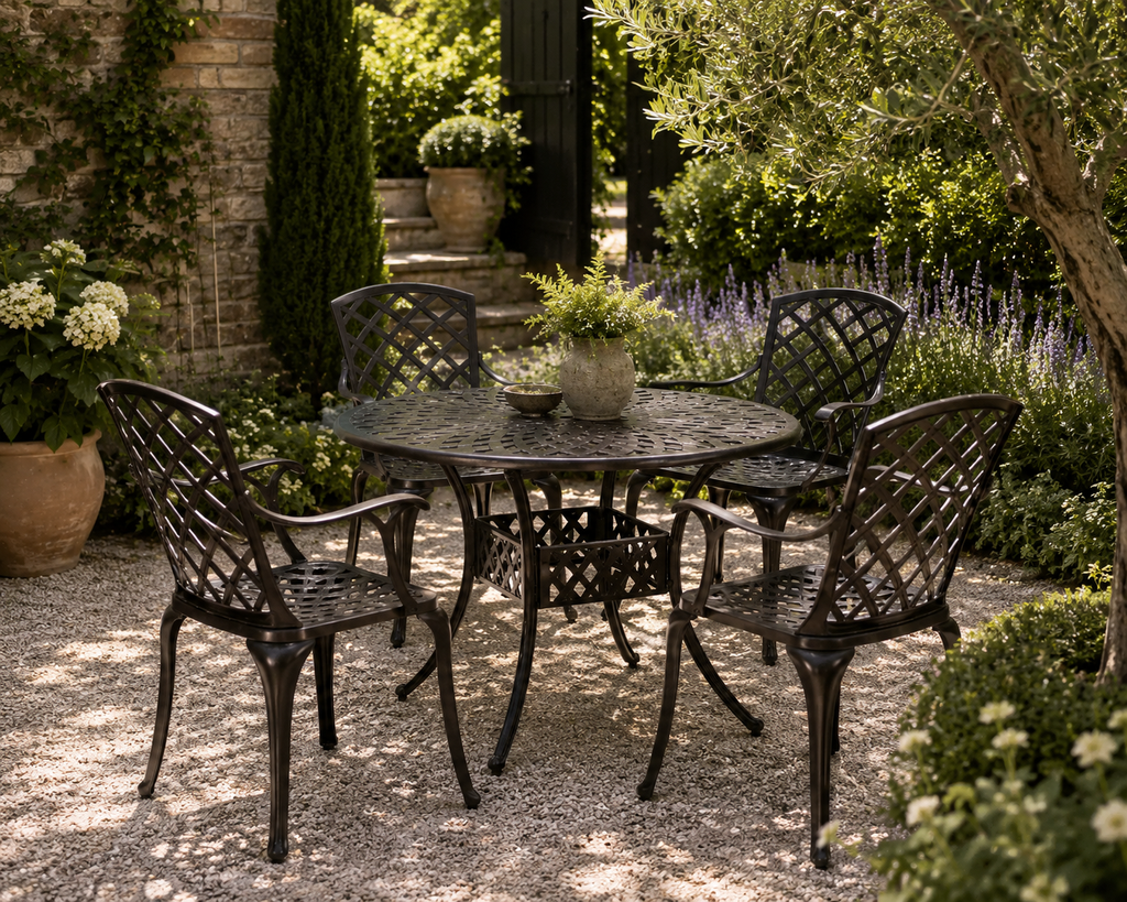Outdoor patio set with table and chairs surrounded by plants and flowers. Leading Landscapes Canterbury