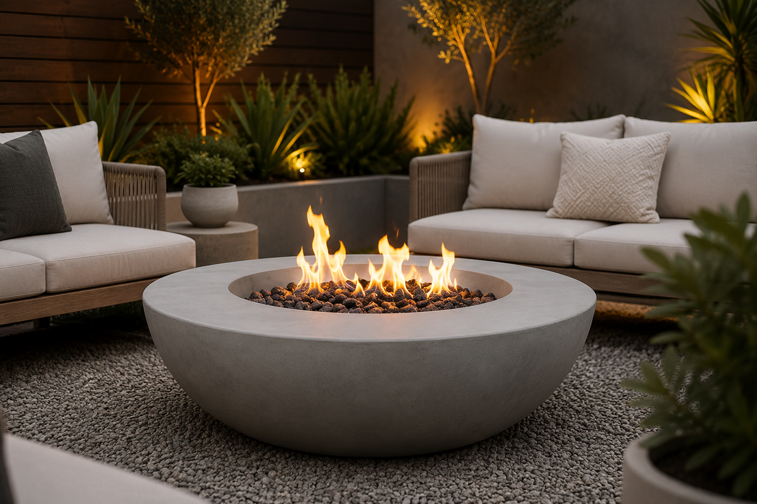 Outdoor setting with a fire pit table and seating area in a garden. Leading Landscapes Canterbury