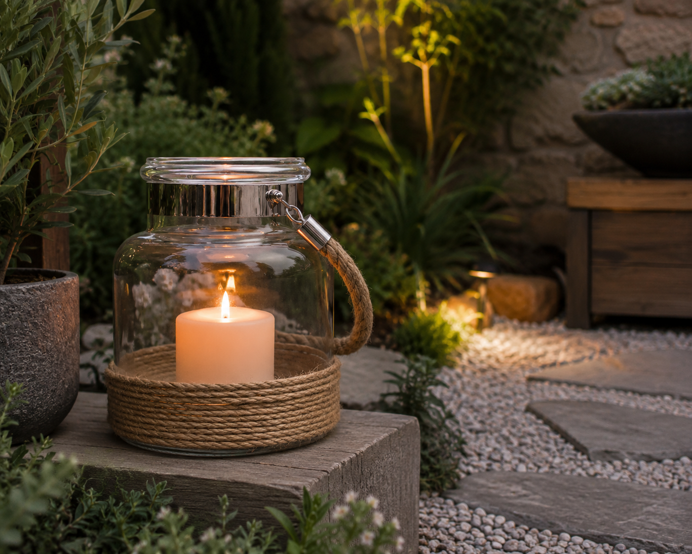 Glass lantern with a candle on a stone surface in a garden setting - Leading Landscapes Canterbury