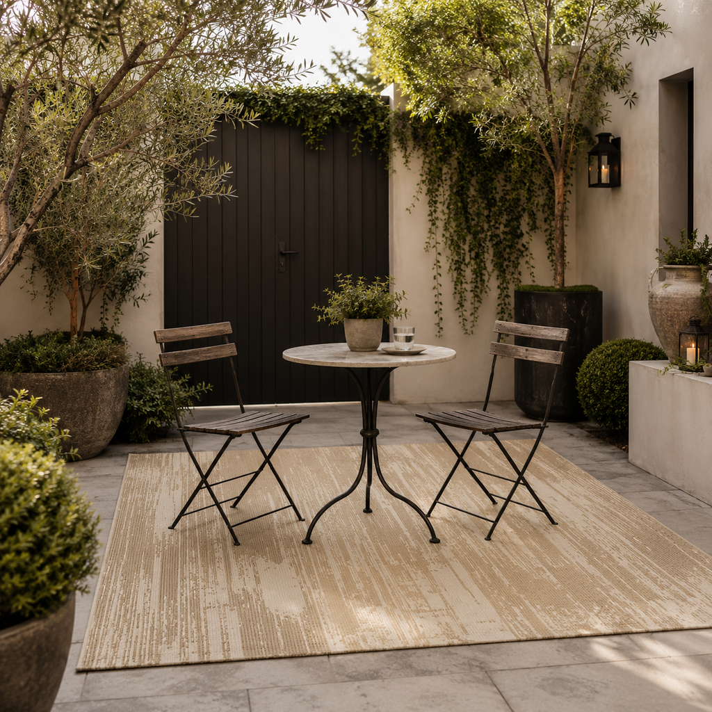Outdoor patio with a round table and two chairs on a beige rug, surrounded by plants and a black gate. - Leading Landscapes Canterbury