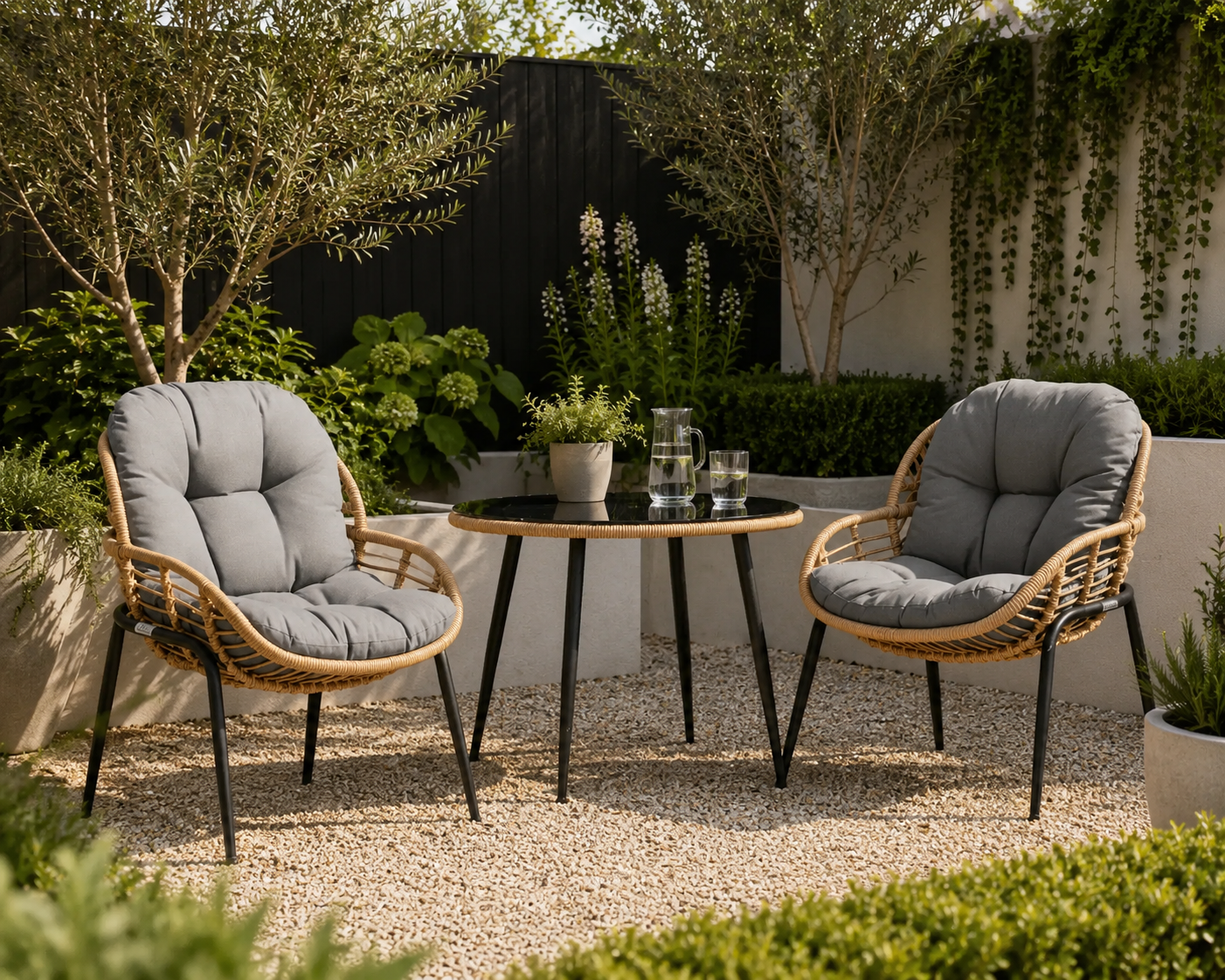 Two wicker chairs with gray cushions and a small round table in a garden - Leading Landscapes Canterbury.