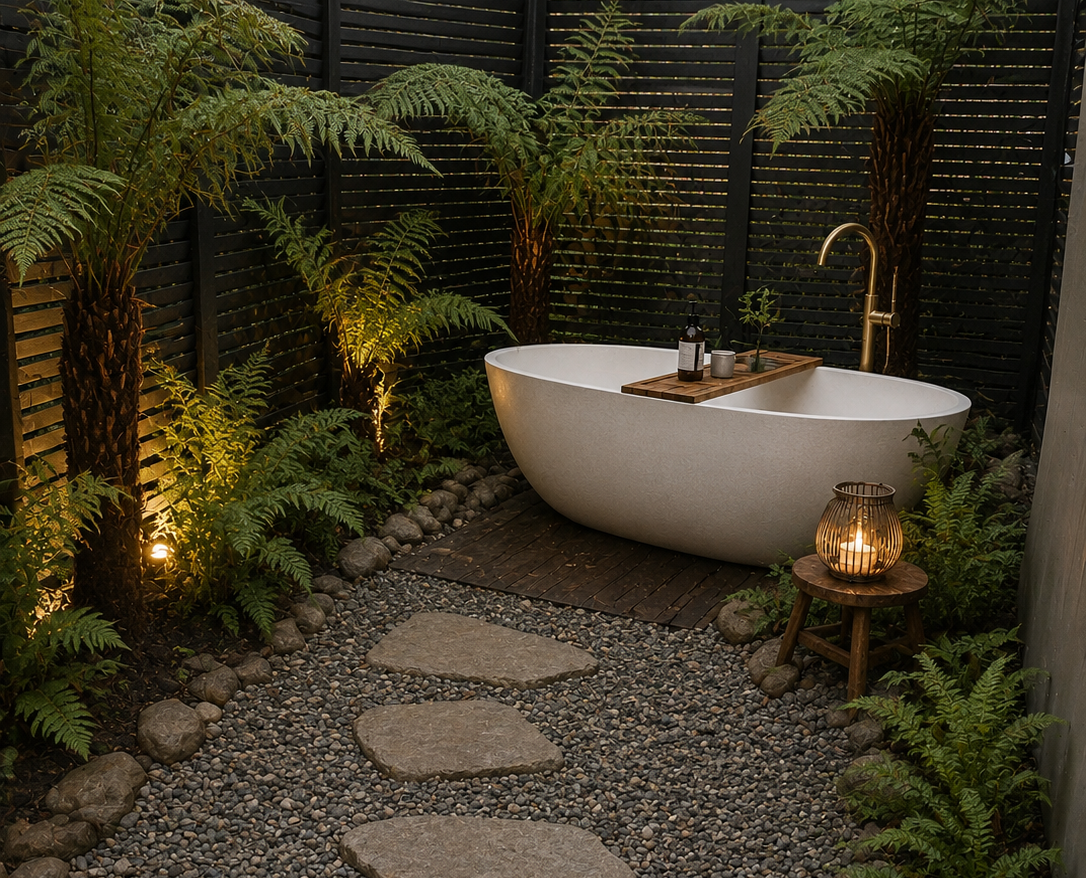 Outdoor bathroom with a white freestanding bathtub surrounded by ferns and stones - Leading Landscapes Limited