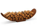 A decorative wooden sculpture of stacked log cylinders arranged in a curved, boat-like form on a white background. Leading Landscapes Canterbury