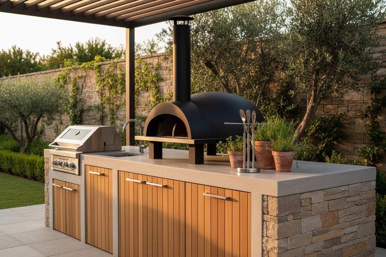 Outdoor kitchen with pizza oven, grill, and stone countertop - Leading Landscapes Limited