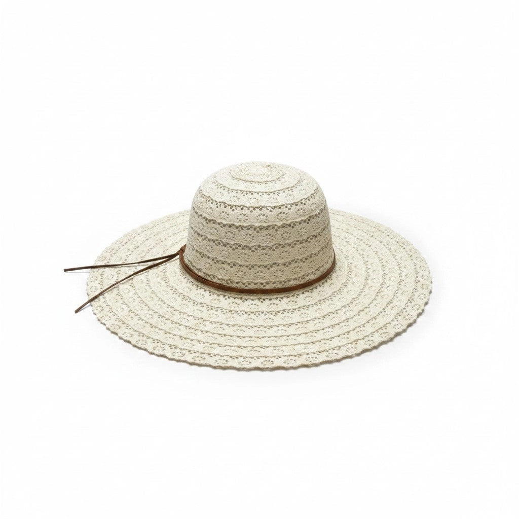 An off-white woven straw sun hat with a wide brim, a textured pattern on the crown, and a thin brown band with a matching tie, shown on a plain white background.