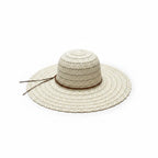 An off-white woven straw sun hat with a wide brim, a textured pattern on the crown, and a thin brown band with a matching tie, shown on a plain white background.