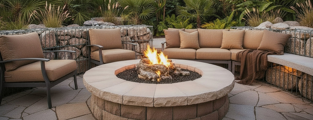 Outdoor patio with fire pit, seating area and crazy paving - Leading Landscapes Limited