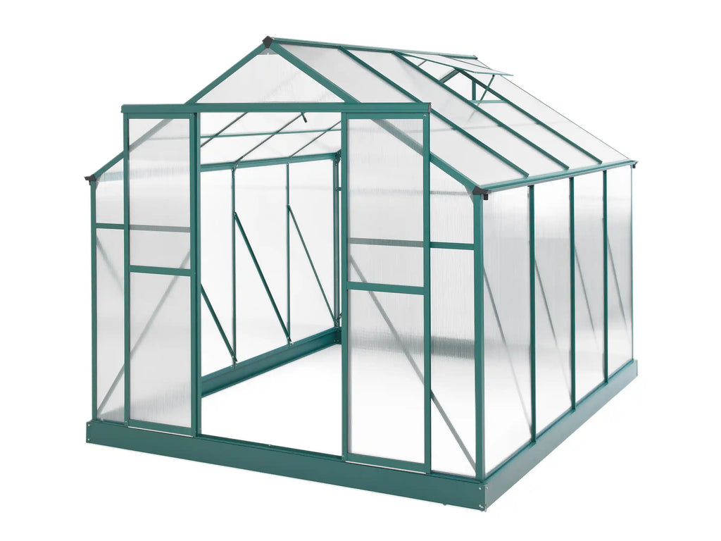 A greenhouse with a teal green metal frame and clear plastic panels, shown from a three-quarters perspective on a white background. Leading Landscapes Canterbury