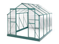 A greenhouse with a teal green metal frame and clear plastic panels, shown from a three-quarters perspective on a white background. Leading Landscapes Canterbury