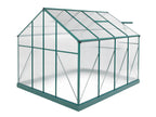 A small greenhouse with a teal metal frame and clear glass panels, shown on a plain white background.