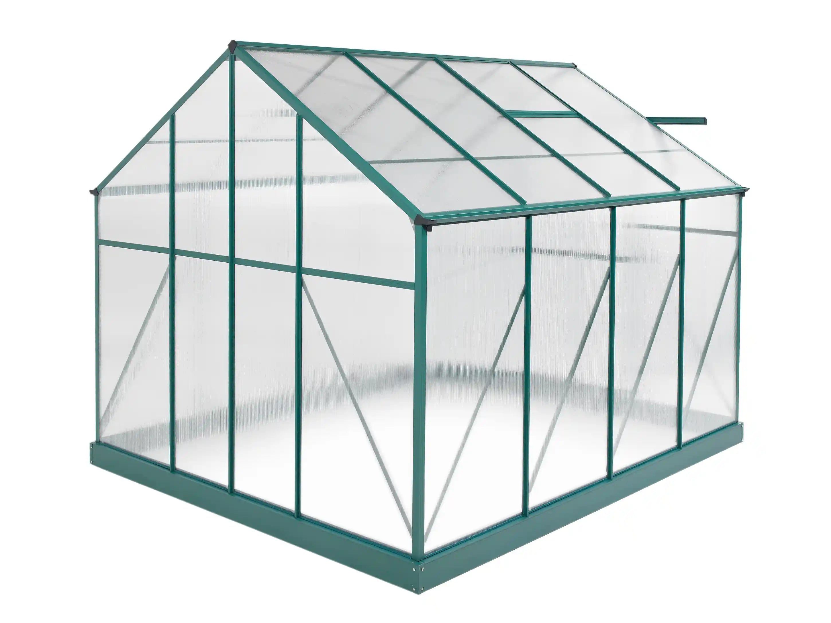A small greenhouse with a teal metal frame and clear glass panels, shown on a plain white background.
