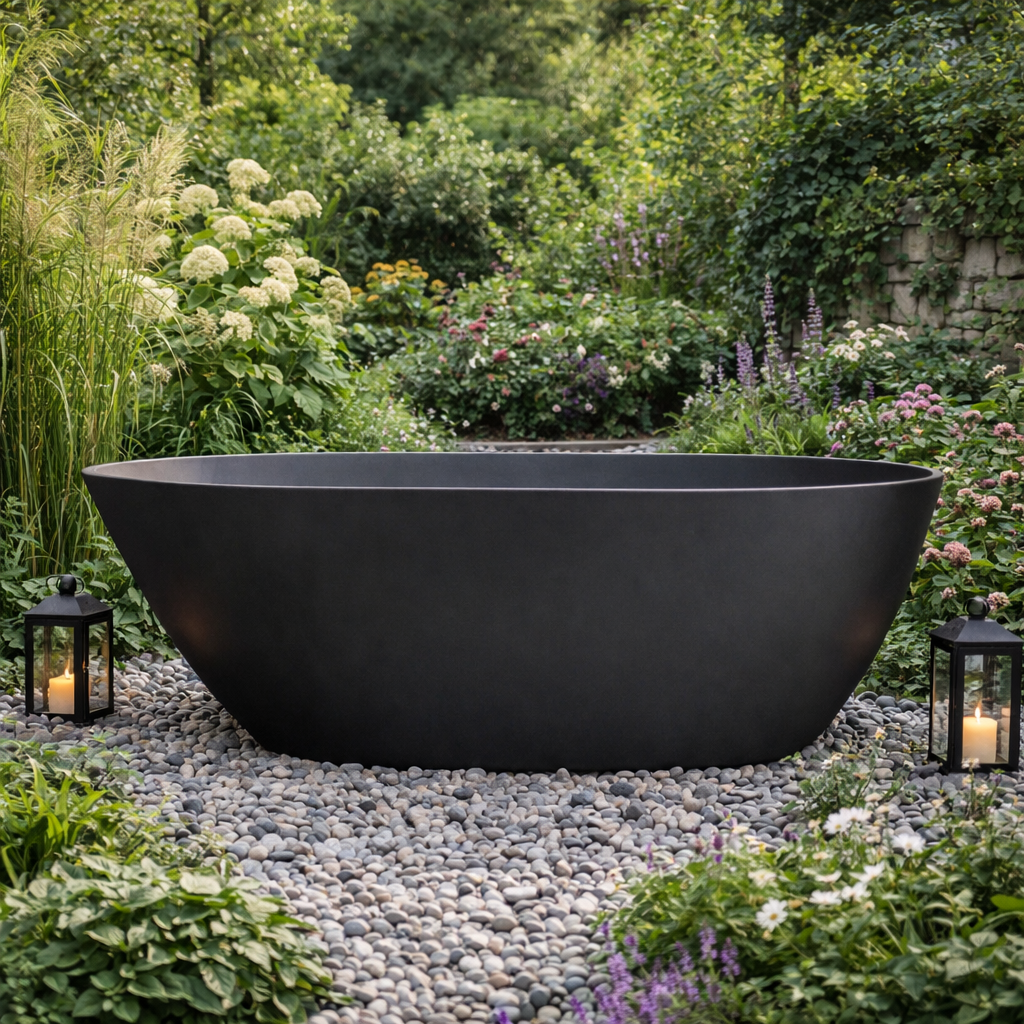 A matte black freestanding oval bathtub placed on a gravel path in a lush garden setting with plants, flowers, and two lit lanterns. Leading Landscapes Canterbury