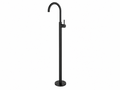A matte black freestanding faucet with a curved gooseneck spout and a single lever handle on a tall cylindrical base, shown against a plain white background.
