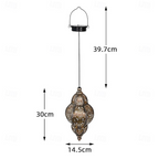 A hanging decorative lantern with ornate cutout detailing, shown with dimension arrows and labels indicating a height of 39.7 cm, width of 14.