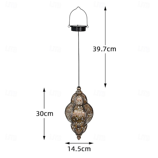 A hanging decorative lantern with ornate cutout detailing, shown with dimension arrows and labels indicating a height of 39.7 cm, width of 14.