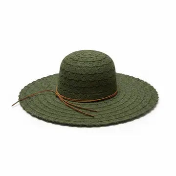 An olive green woven sun hat with a wide brim and a thin brown ribbon tie, shown against a plain white background.