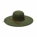 An olive green woven sun hat with a wide brim and a thin brown ribbon tie, shown against a plain white background.