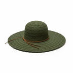 An olive green woven sun hat with a wide brim and a thin brown ribbon tie, shown against a plain white background.