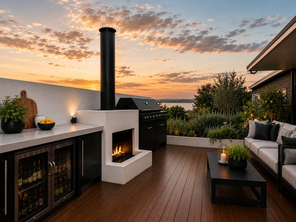 Outdoor patio with fireplace, grill, and ocean view at sunset - Leading Landscpes Limited