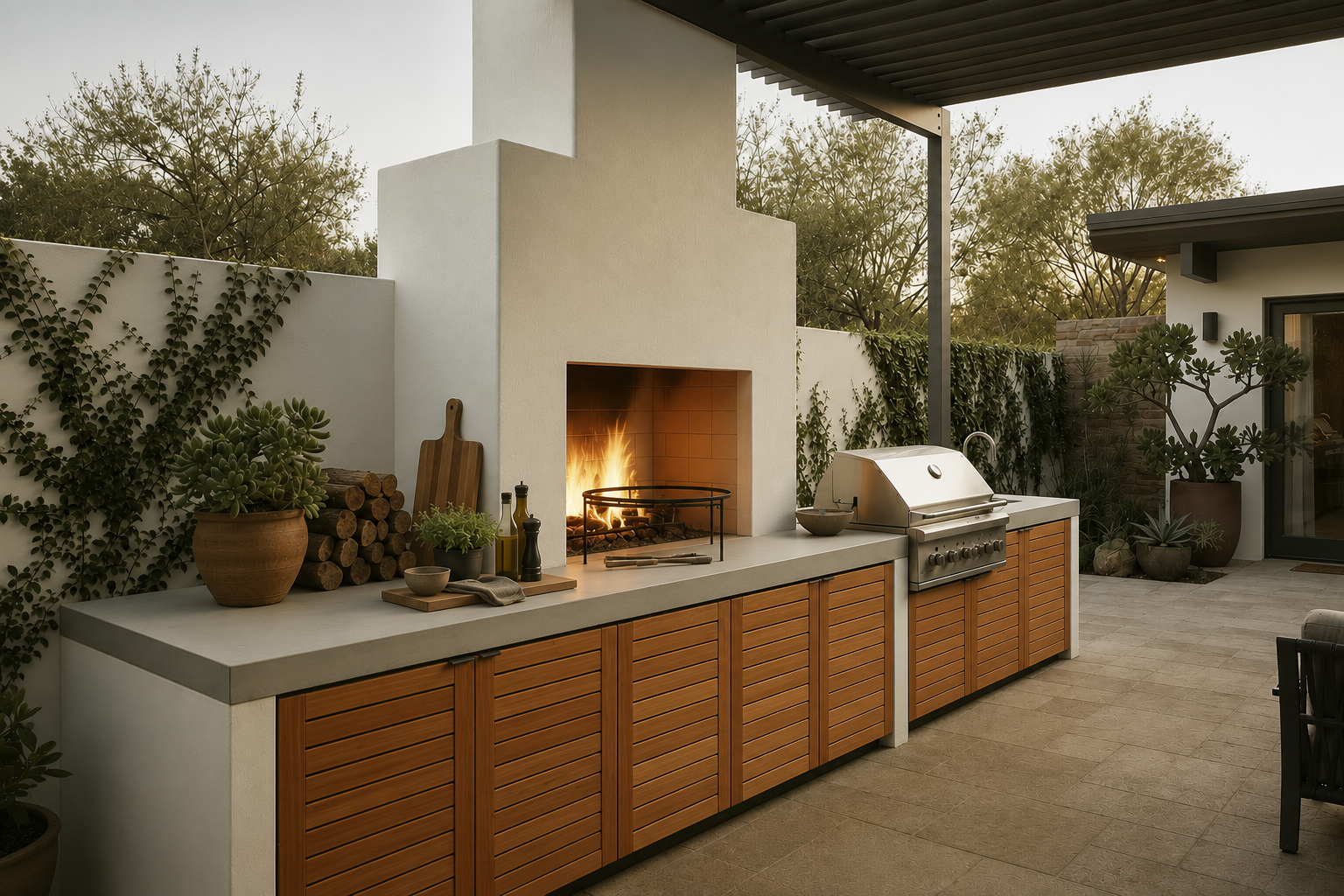 Outdoor kitchen with grill and fireplace in a backyard setting - Leading Landscapes Limited