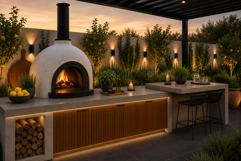Outdoor kitchen with a pizza oven at dusk, surrounded by plants and outdoor furniture - Leading Landscapes Limited