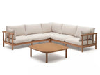 Sectional outdoor sofa with wooden frame and table on a white background